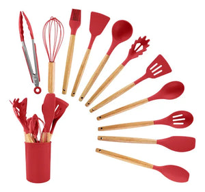 Kit C/12 Peças Utensílios De Cozinha Colheres Espatula Silicone Cabo Madeira Decoração