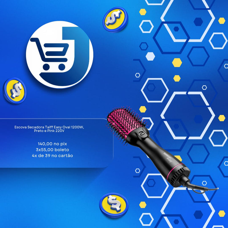 Escova Secadora Taiff Easy Oval 1200W Preta e Pink 220V